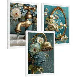 POSTER 3er-Set dekorative Badezimmer-Poster, elegante für Wand, Waschbecken, Dusche, mit Armatur, Spiegel und goldener Dusche Weißer Rahmen A3