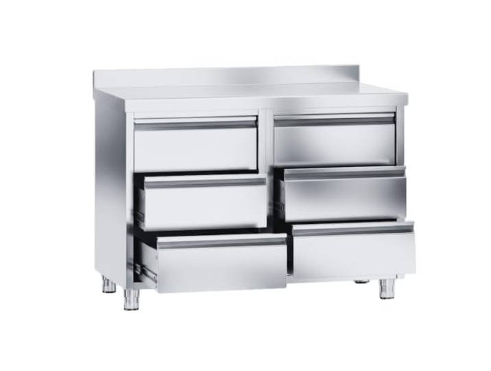 VM Europa - Gastro Arbeitsschrank + Aufkantung mit Schubladen - 100 x 60 cm - Freistehend mit 2 x 3 Schubladen - AISI 430 Edelstahl - Edelstahlschrank Gastro Schrank