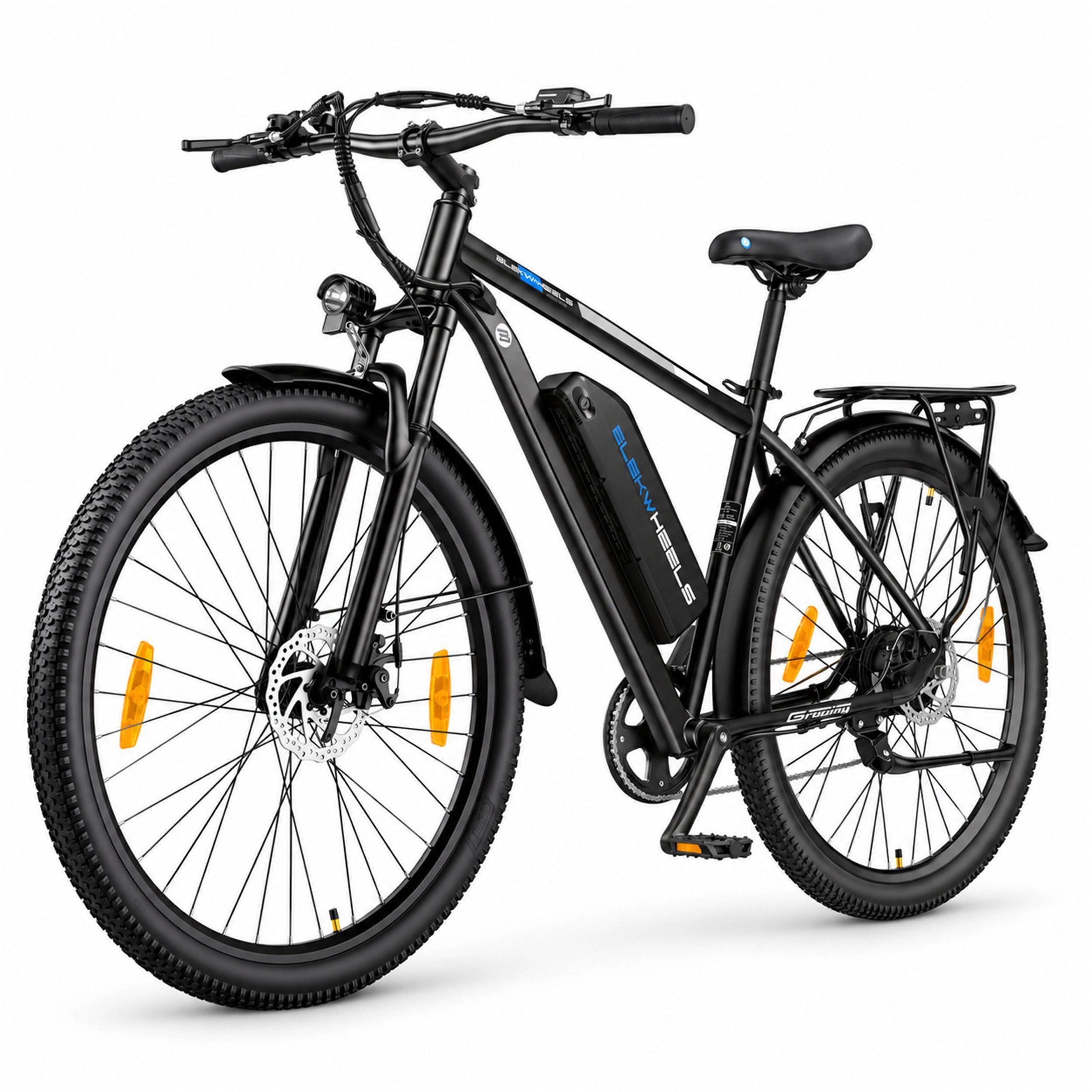 E-Bike Mountainbike Trekkingrad Damen Herren 26 Zoll, 360 Wh, breite Reifen, Federgabel Kettenschaltung, Heckmotor, 360 Wh, (Beleuchtungsset