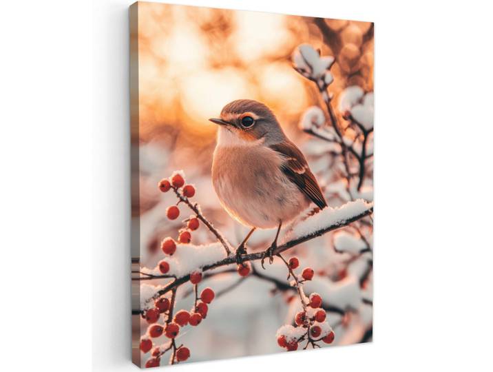 MuchoWow Leinwandbild - Vogel - Zweig - Winter - Tiere - Schnee - 60x80 - Gemälde, Bernsteinfarben, Textil, Kiefer, Abstrakt, Rechteckig, 60x80 cm, gerahmt, Bilder & Rahmen, Bilder, Wandbilder