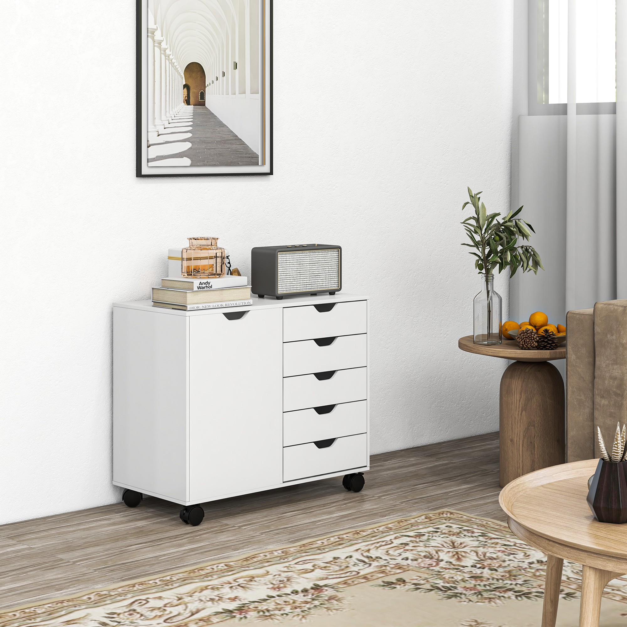 Homcom Mobile Laterale con 5 Cassetti, Armadietto con Ripiano Regolabile, Mobiletto da Ufficio su Ruote, Supporto per Stampante per Ufficio Domestico, Bianco   Aosom Italy