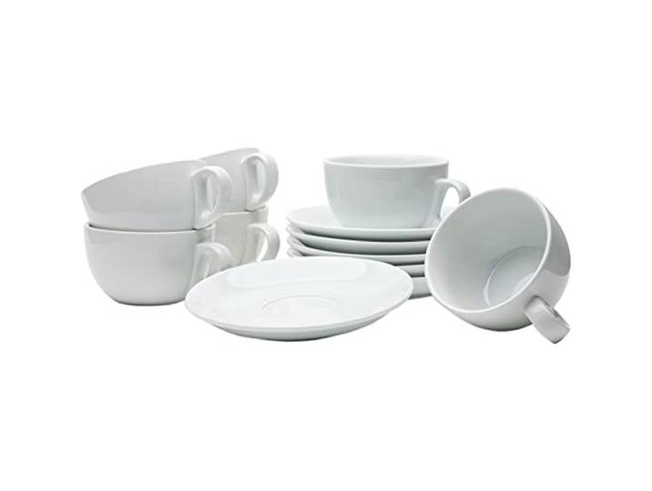 Gastro Spirit - 12-teiliges XL Cappuccino-Tassen Set - Weiß, 280 ml, Porzellan, dickwandig, spülmaschinenfest, italienisches Design - 6er Kaffee-Tassen Set mit Untertassen