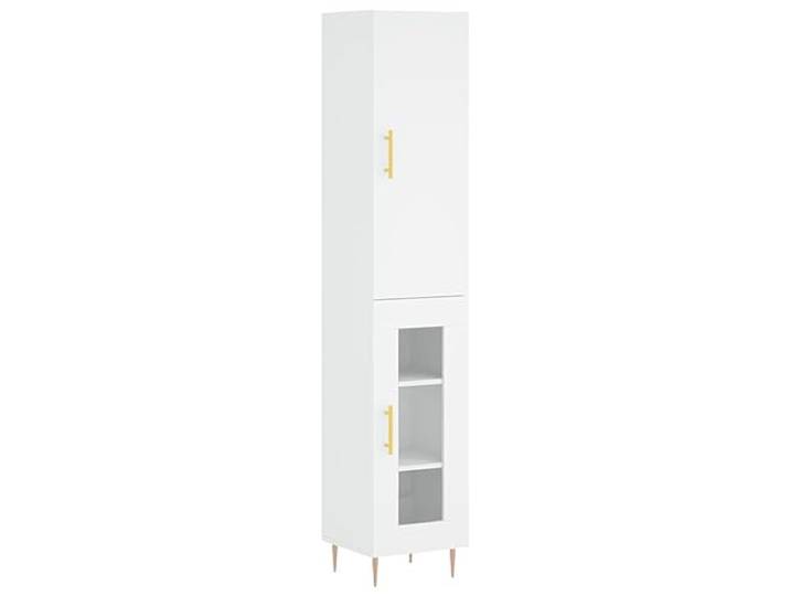Makastle Highboard Wohnzimmer 34,5x34x180 cm Weiß Holzwerkstoff mit Glasfront und Metallfüßen
