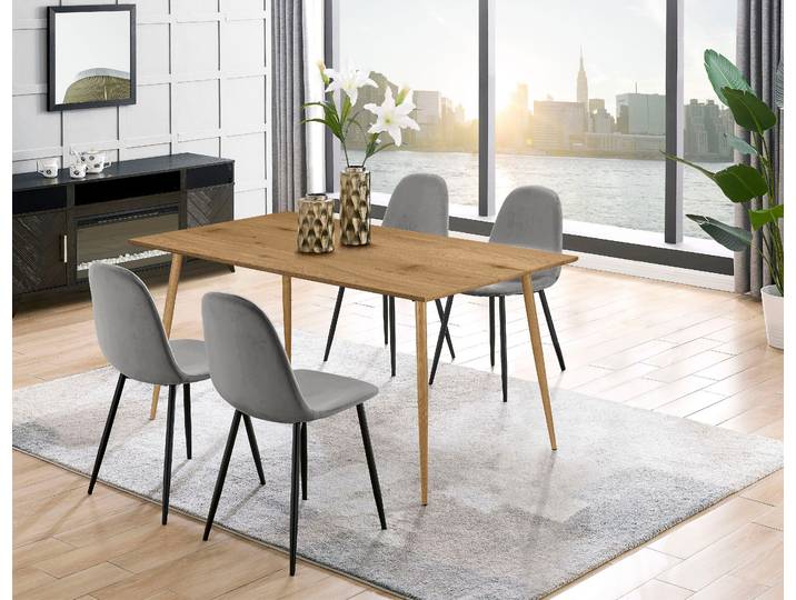 Essgruppe GOODPRODUCT Eadwine, Tisch plus 4 Stühle, Sitzgruppe , grau (hellgrau), Eichefarbener Esstisch, Sitzmöbel-Sets, Essgruppe