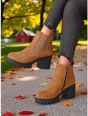 LightInthebox Women's Faux Suede Chelsea Boots – Block Heel Lug Sole Ankle Boots for Autumn Farm Trips, Country Roads and Pumpkin Picking