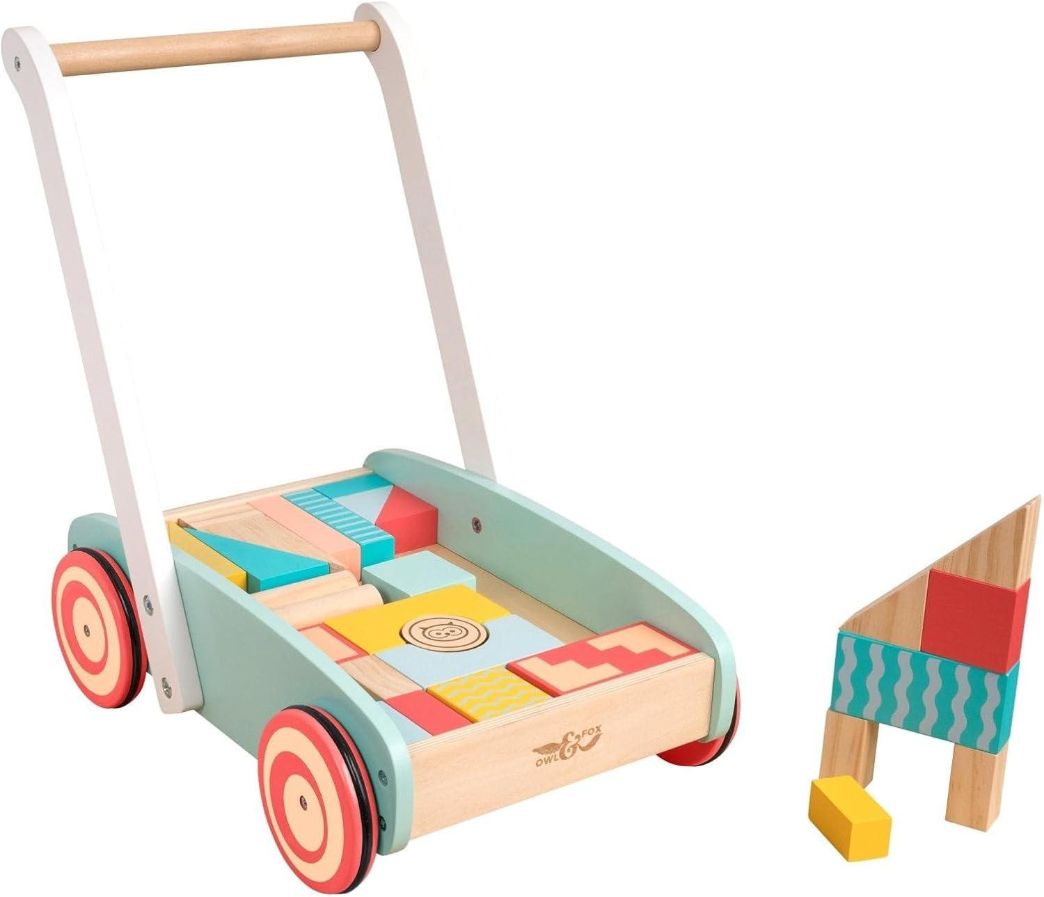 Traditionele houten babyloopwagen met 29 kleurrijke blokken voor vroege ontwikkeling, vanaf 12 maanden