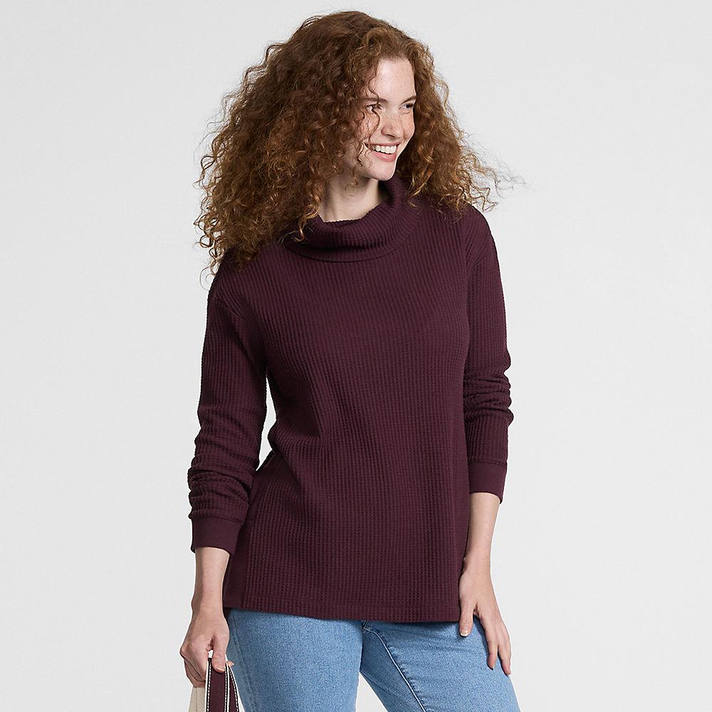 Langer Waffelstrick-Pullover mit Wasserfallkragen, Damen, size: regular, Rot, Baumwoll-Mischung/Polyester-Mischung, by Lands' End