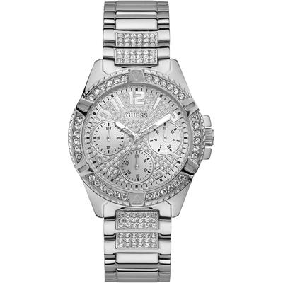 Multifunktionsuhr GUESS "LADY FRONTIER", silber (silberfarben), Armbanduhren, Damen, Armbanduhr, Quarzuhr, Damenuhr, analog, Edelstahlarmband