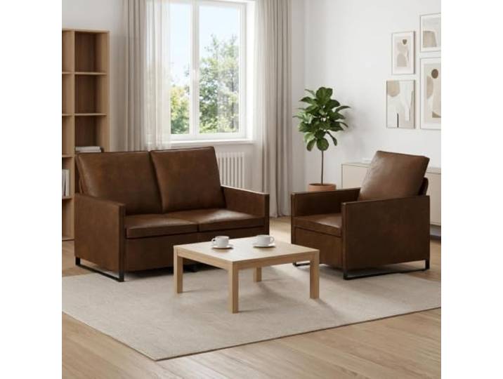 Sofa-Set 2 Stück Braun Kunstwildleder Metallrahmen,Kissenrücken,Schaum- und Faser-Kissen,einfache Pflege,Wohnzimmer