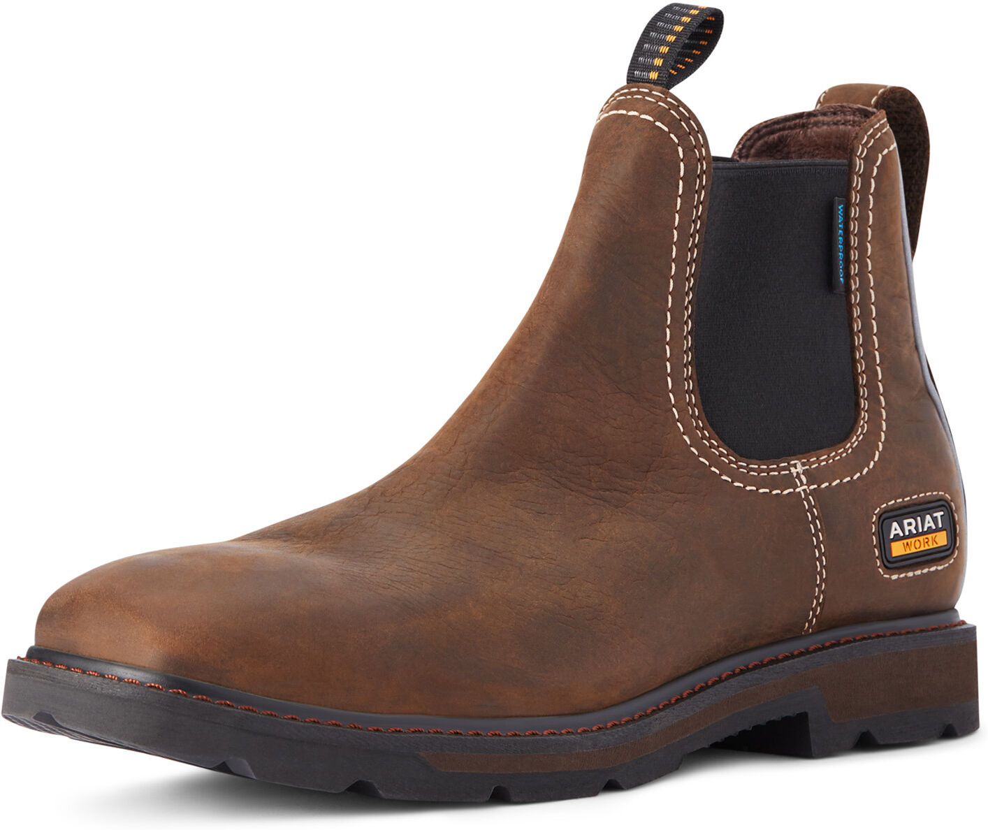Men's Groundbreaker Chelsea Wide Square Toe Waterproof Work Boots in Dark Brown, Size: 7.5 EE by Ariat