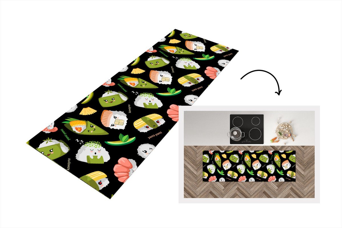 KitchenYeah Keukenloper Vinyl met Sushi en Kawaii Patronen B/D: 180 x 60 cm