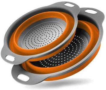 Inspired Living FlexDrain Collapsible Silicone Colander & Produce Washing Basket orange Set