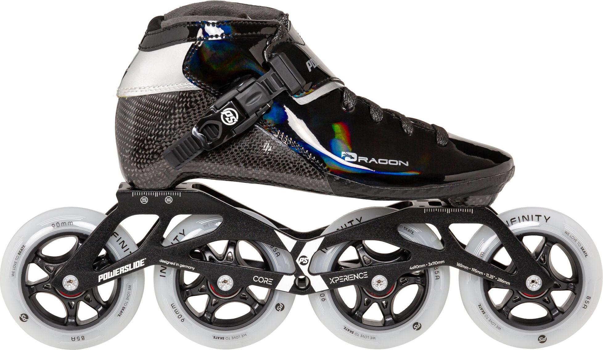 Powerslide Dragon Black 90 Kinder Karbon Inline Skate, für Racing, 2in1 Alu Frame, Infinity Rolle, ABEC 9