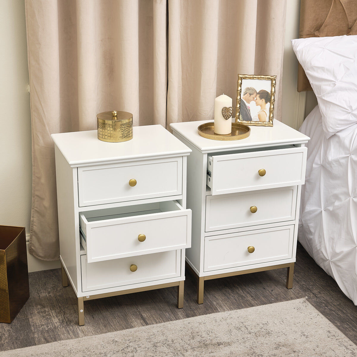 Large Chest of Drawers & Pair of Bedside Tables - Aisby White Range Manufactured Wood, Metal