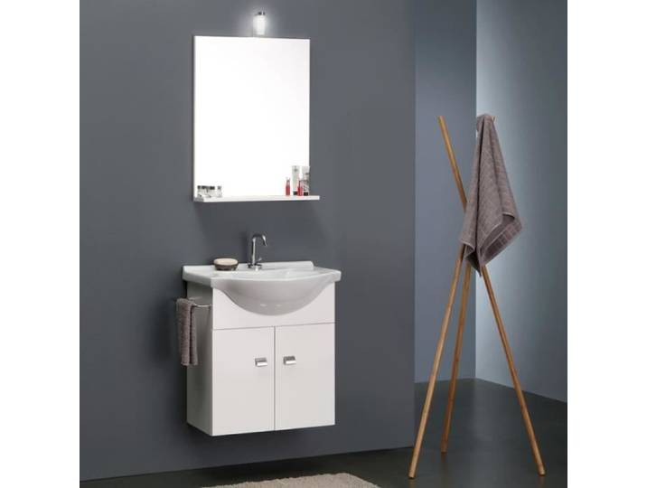 MEUBLE DE BAIN BLANC ECONOMIQUE 56 CM + LAVABO MIROIR ET LUMIERE