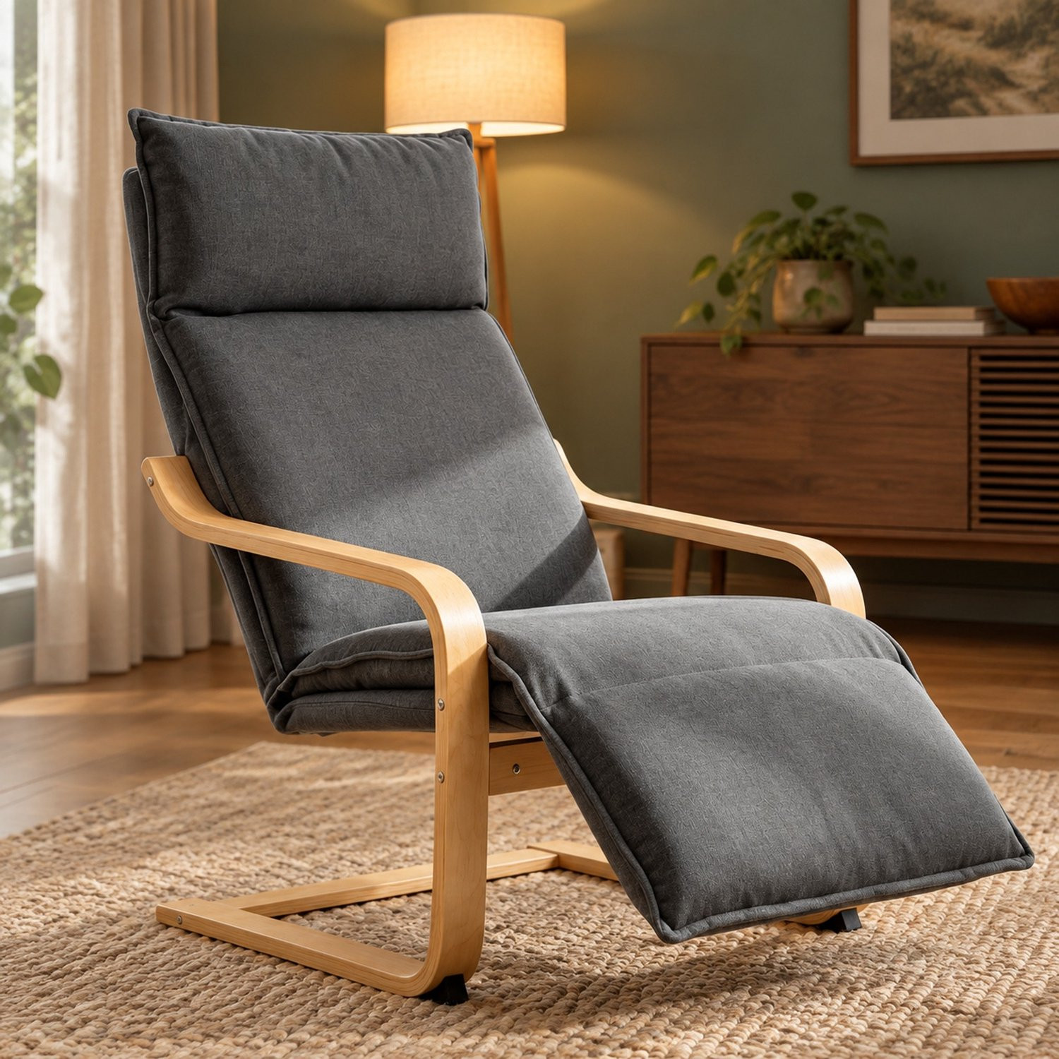 CHICFURN Scandinavische Schommelstoel met Voetensteun en Houten Onderstel - Donkergrijs
