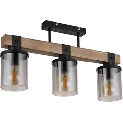 Deckenlampe Deckenleuchte Holzlampe Esszimmerleuchte Wohnzimmer, 3 flammig, Landhaus Holzoptik braun Rauchglas schwarz, 3x E27 Fassungen, LxBxH 52x10x28,6cm