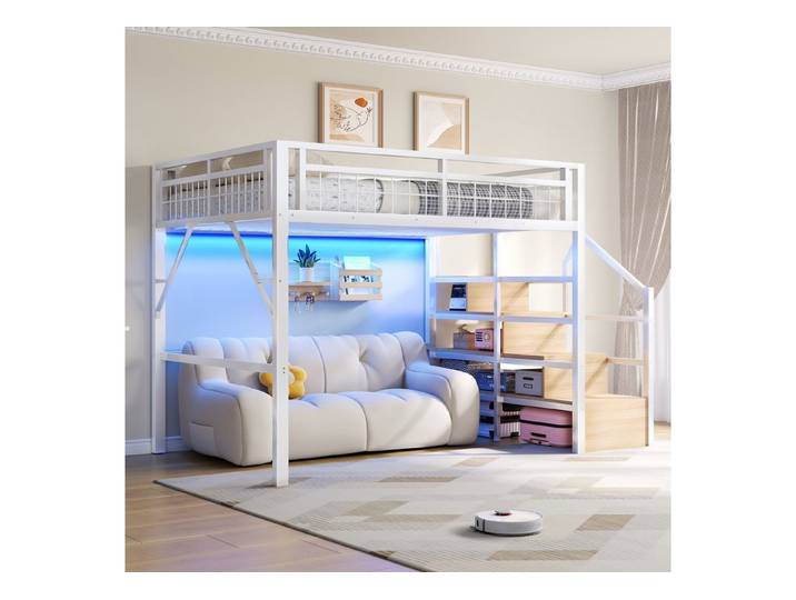 HAUSS SPOLE Hochbett 140x200 Treppe mit App-gesteuerter LED,Jugendbett mit einer Matratze