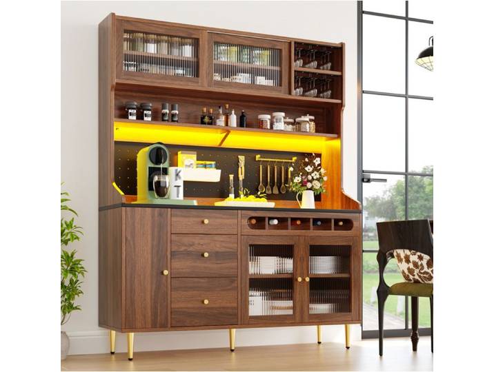 meuble rangement buffet haut salon cuisine 145x39x171 cm bois verre couleur noyer EVRYAE