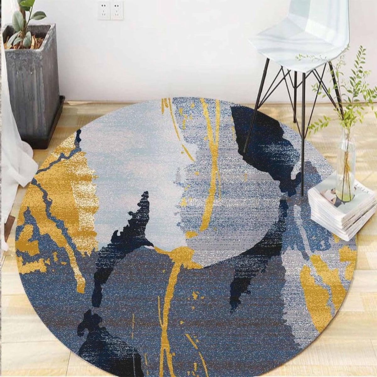 Rond Vloerkleed Abstract Blauw Grijs Goud - 120 cm