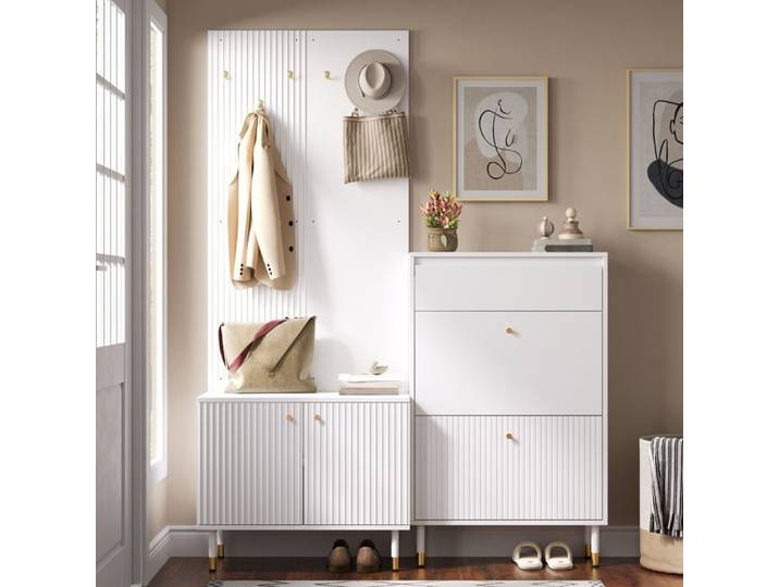 Ensemble de rangement pour entrée comprenant un meuble à chaussures étroit et pliable une armoire à deux portes une armoire murale