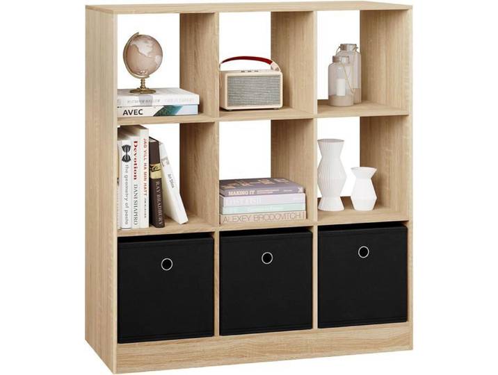 WOLTU Bibliothèque Meuble Étagère avec 9 Casiers Meuble Cube 3 Tiroirs en Tissu 80x30x86 5cm Chêne Clair W0ATT0327