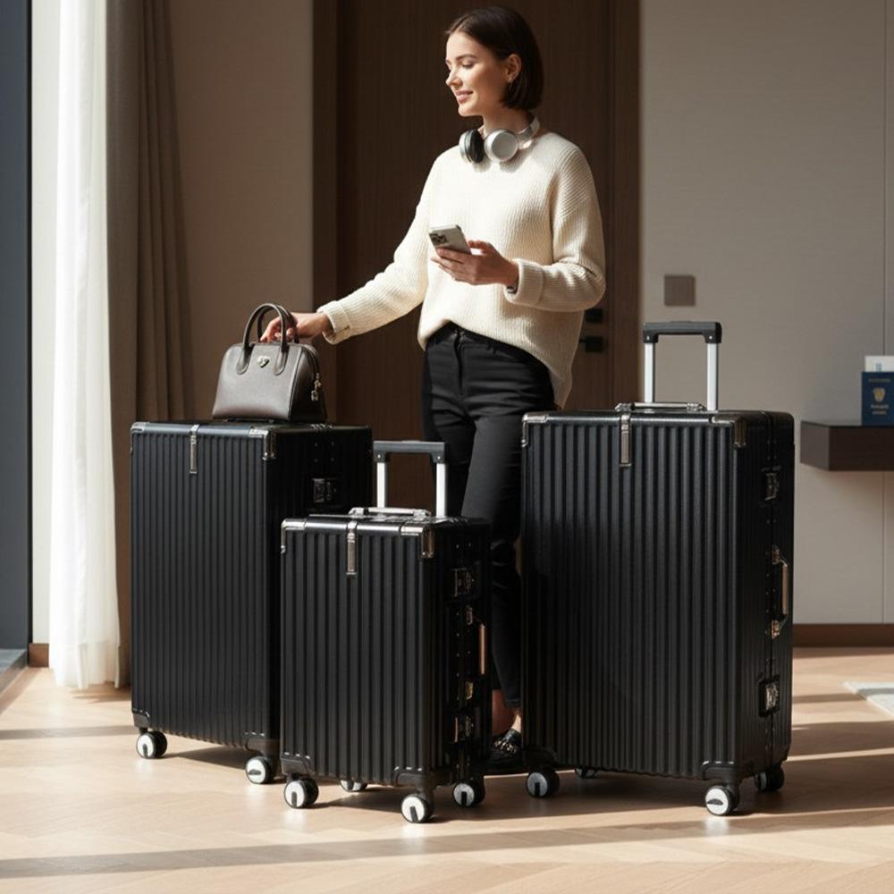 Black Hardshell Dual 4 Wheel ABS Bagagetrolley Hard Shell Cabin Koffer Set