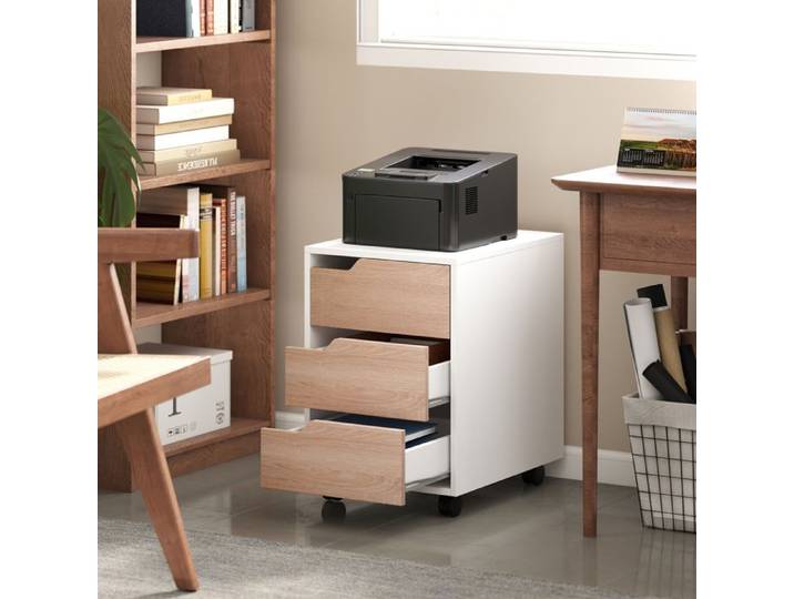 Caisson bureau mobile meuble rangement bureau sur roulettes 3 tiroirs 40x50x57 5cm blanc et chêne