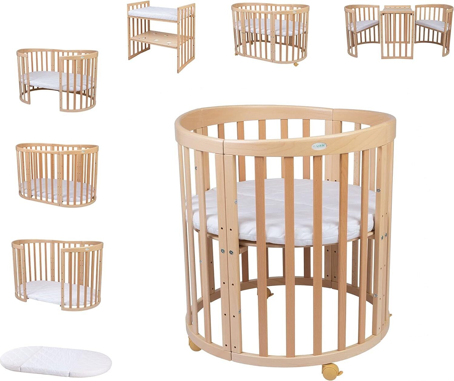 Waldin Ovales 7-in-1-Kinderbett mit Matratze Natur