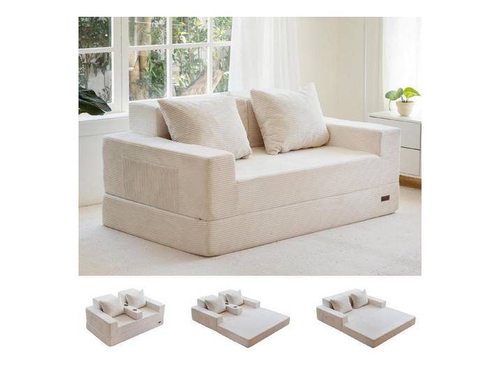 LuxusKollektion Schlafsofa Schlafsofa Cordstoff klappbar mit Getränkehaltern und Dekokissen