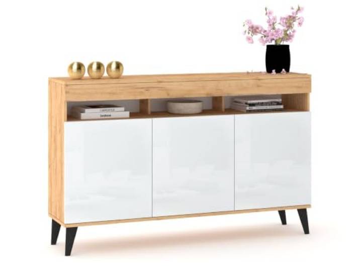 Euro Style Große Kommode Fernsehschrank Sideboard 120cm Skandi Golden Eiche/Weiß Hochglanz
