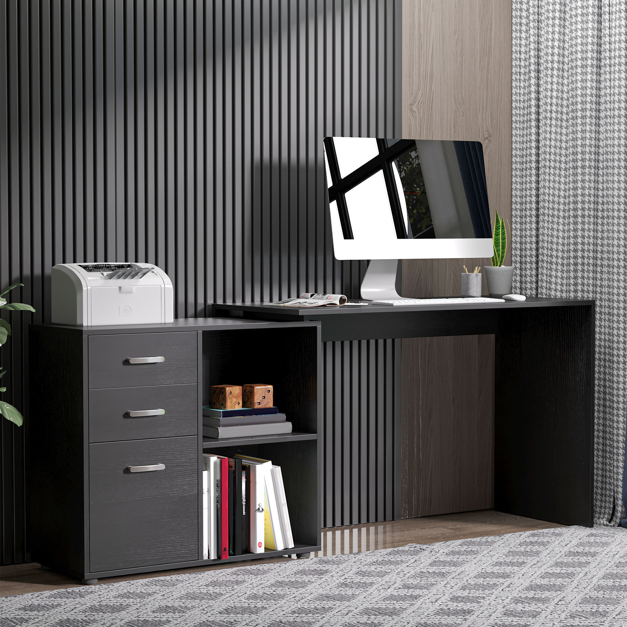 Homcom Scrivania ad Angolo per PC con Cassettiera, Scrivania Moderna per Ufficio e Casa, Scrivania a Forma L, Ripiano Estraibile, Nero