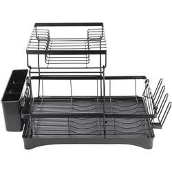 Livingandhome 2-stufiges Abtropfgestell aus Kohlenstoffstahl mit PP-Besteckhalter & Becherhalter