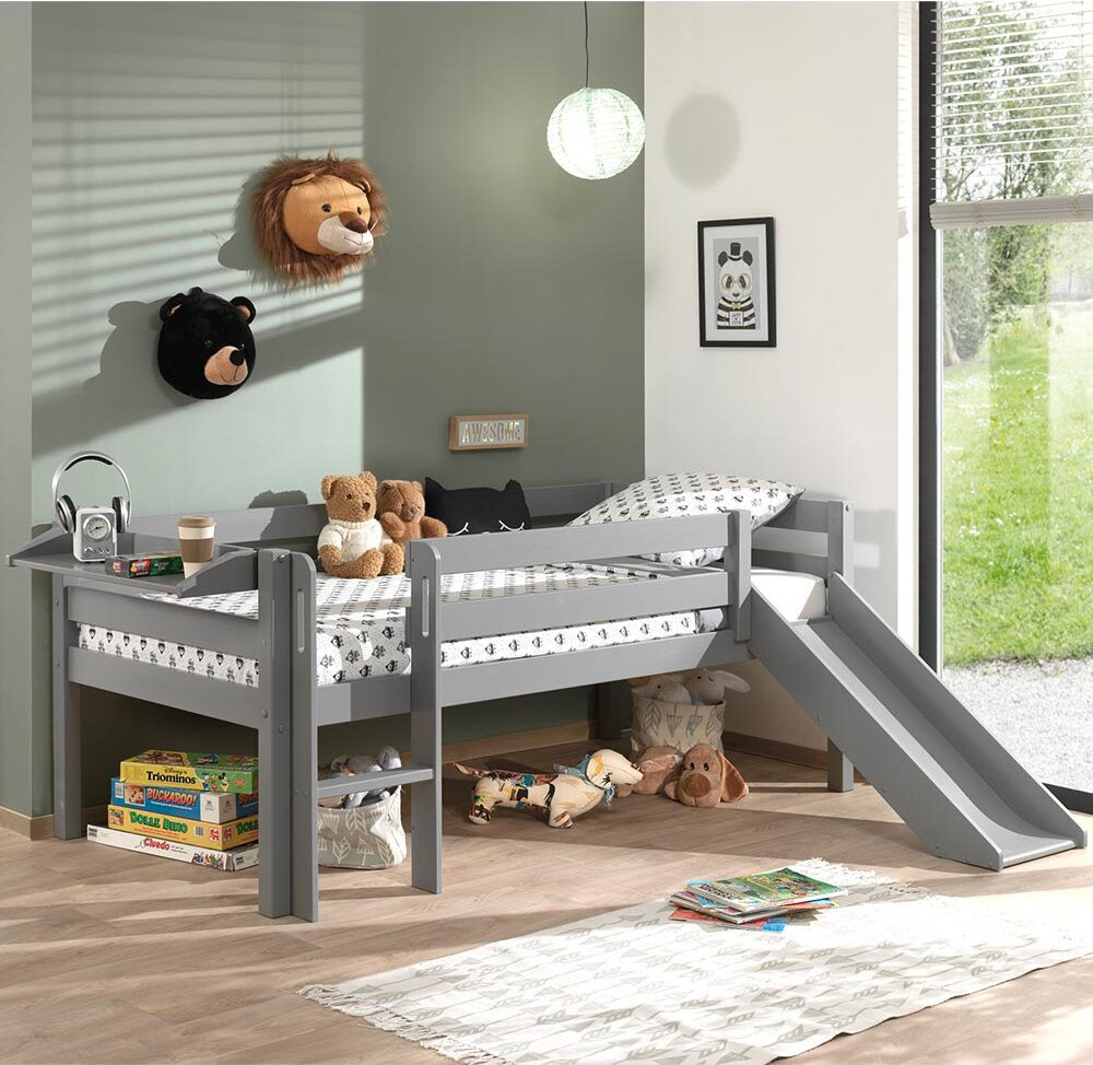 Zesso Dream Tree Halfhoog bed met glijbaan en hangplank, Fauna grijs, 90 x 200 cm