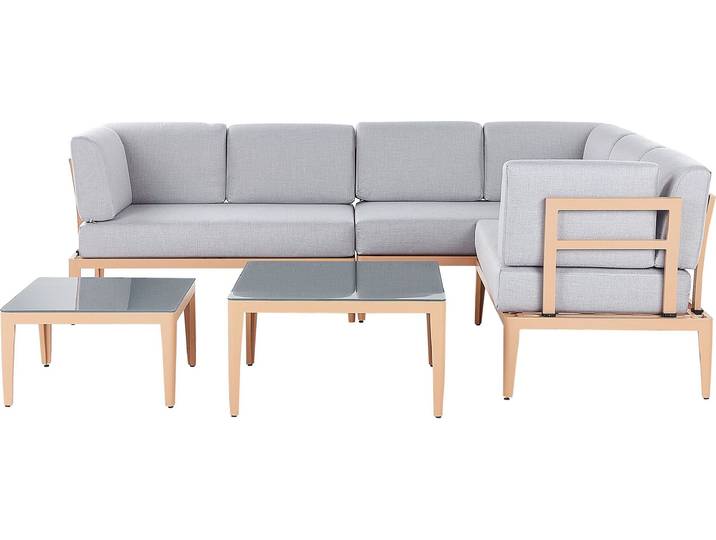 BELIANI Lounge Set Heller Holzfarbton u. Grau Aluminium mit Auflagen zwei Tische für 6 Personen Garten Terrasse Balkon