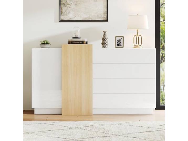 BTM Weißes Hochglanz-Sideboard, Moderner Esszimmerschrank mit Stauraum, Minimalistischer holzfarbener moderner Aufbewahrungsschrank