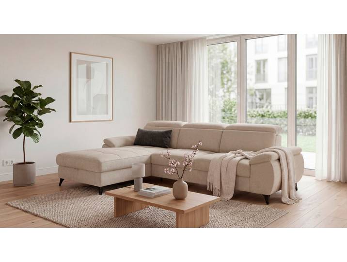 Ecksofa EXXPO - SOFA FASHION TAOS bequem, komfortabel durch Kopfteilverstellung, Breite 281cm , beige (mokka), B:281cm H:78cm T:166cm, Sofas, Ecksofa, inkl. Bettfunktion und Bettkasten,toller Sitzkomfort, Steppung im Sitz
