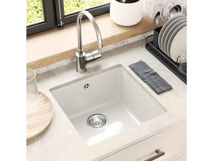 KGTKGTYER Küchenspüle Unterbau Granit Quarz Harz 430 x 460 mm Weiß Hitzebeständig bis 280 C, Kratzfest, Mit Abflussfilter