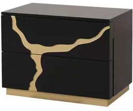 Benjara Goldie Nightstand, 2 Drawers, Gold and Black Solid Wood, 28 Inch