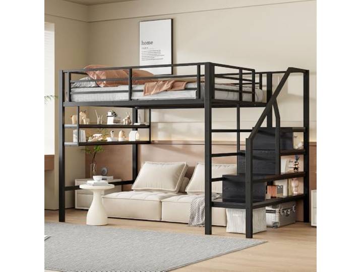 I0I&I0I Hochbett Mit Stauraumleiter Und Geländer Freiraum Unter Dem Bett Zum Verkleiden Und Einlegeböden (Black + Metal + 140cm*200cm)