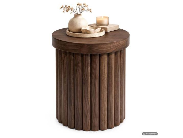 Table basse AKORD TINO coloris noyer 40 cm ronde à piètement cannelé 40x40x49 cm