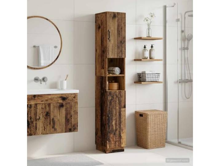 KTHLBRH Badezimmerschrank mit offenem Regal HOORN Altholz, Holzwerkstoff Feuchtigkeitsbeständiger Holzwerkstoff, offene Ablage, umkehrbare Tür, schlankes Design, einfache Reinigung