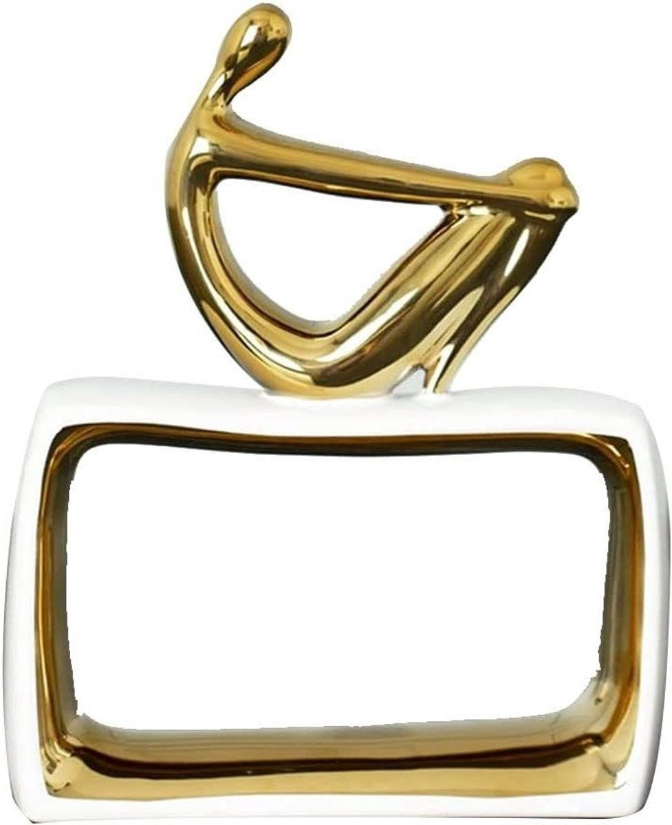 Keramisch Standbeeld Decor - Abstracte Figuur - Handgemaakt Kunstwerk - Wit Goud - Hoogte: 19 cm