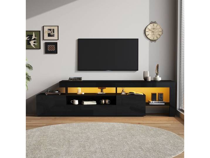 Meuble TV 192×37×53 cm noir brillant LED 3 rangements pour TV 85 pouces