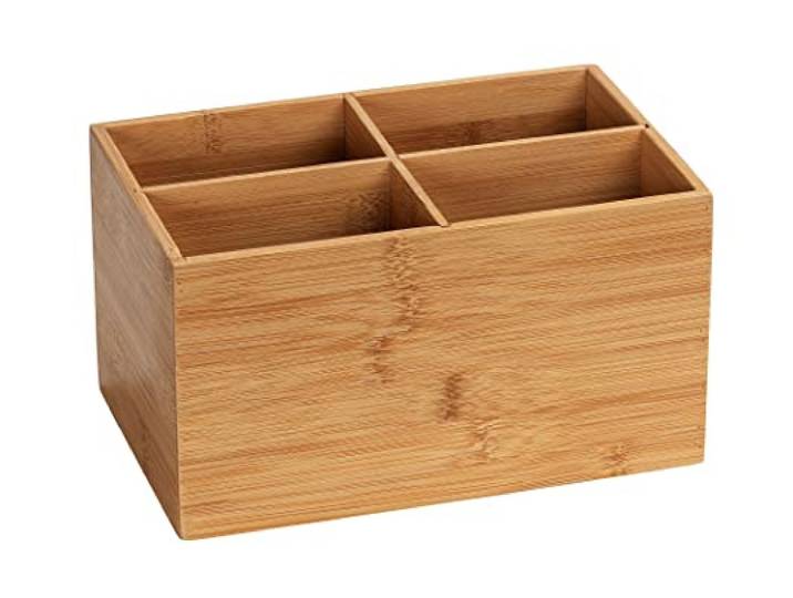 WENKO Bambus Box Terra 4 Fächer, Aufbewahrungsdose für Schmuck, Bürobedarf & Kosmetik, übersichtliche Aufbewahrung von kleinen Utensilien in vier Fächern, ideal für das Bad, 22 x 12 x 14 cm, Natur