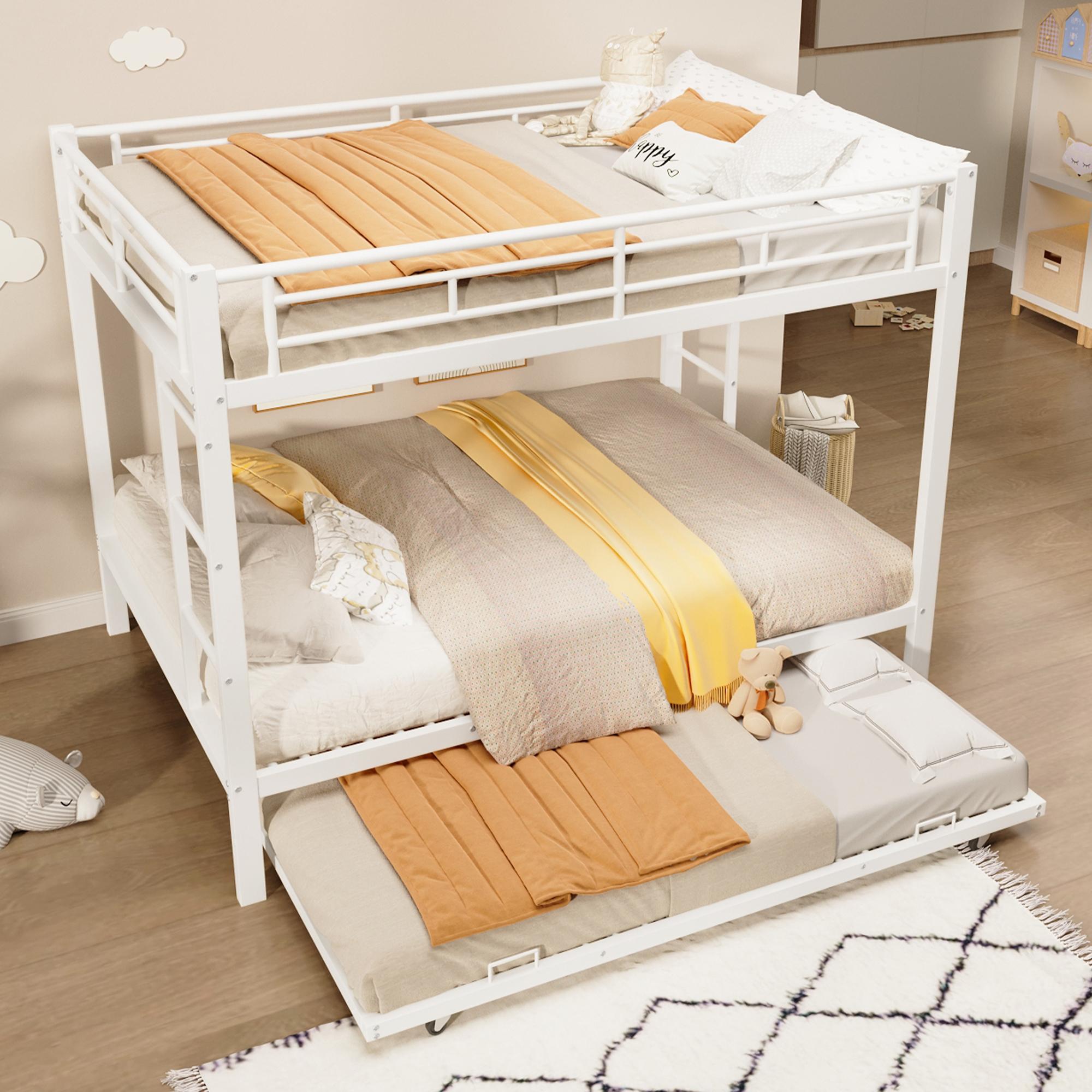 MODFU Etagenbett 140×200 Stockbett Bettgestell mit Ausziehbett ohne Matratze,Kinderbett mit Eisenrahmen und Geländer,Weiß