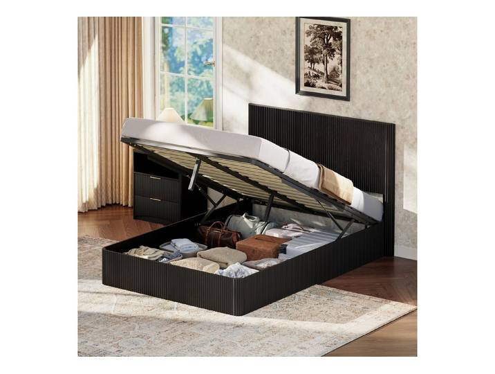 Fine Life Pro Bett Bett mit Rillenoptik & Lift-System, Schwarz, 140x200 cm, Stauraum, Massivholz-Latten, pflegeleicht