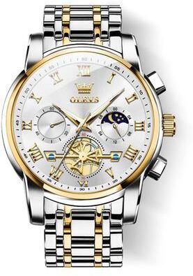 Inspired Deals OLEVS 2859 Men Quartz Watch With Luminous Display, Stainless Steel Band & 30M Waterproof white + Gold