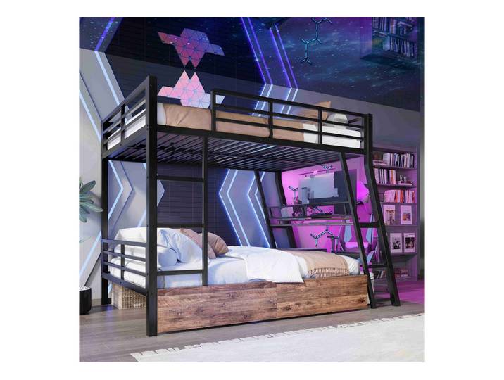 BlingBin Hochbett Jugendbett Für Büro, Studium & mehr (1-St., mit Schreibtisch und Fernbedienung-LED) Eisenrahmen, Vielseitig & platzoptimiert, ohne Matratze