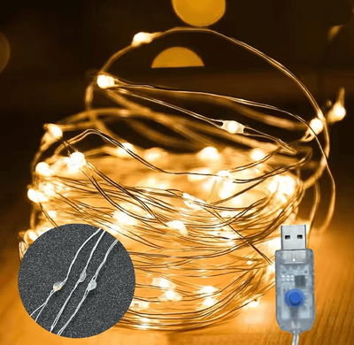Inspire Essentials USB LED String Lights Copper Silver Wire Garland warm White 20m